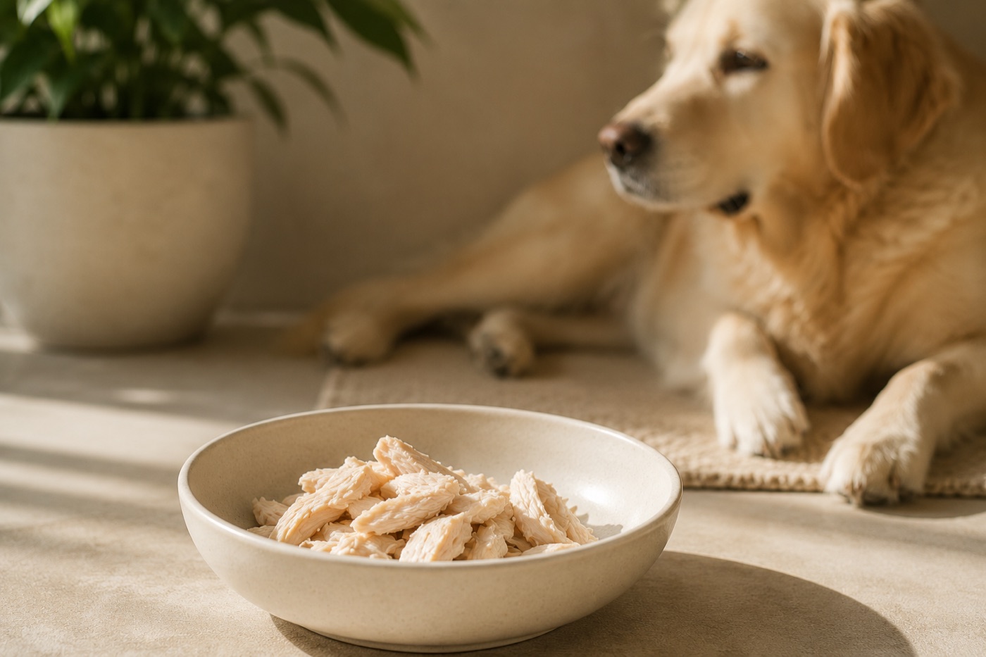 A bowl of plain shredded chicken on the floor with a calm golden retriever resting nearby.