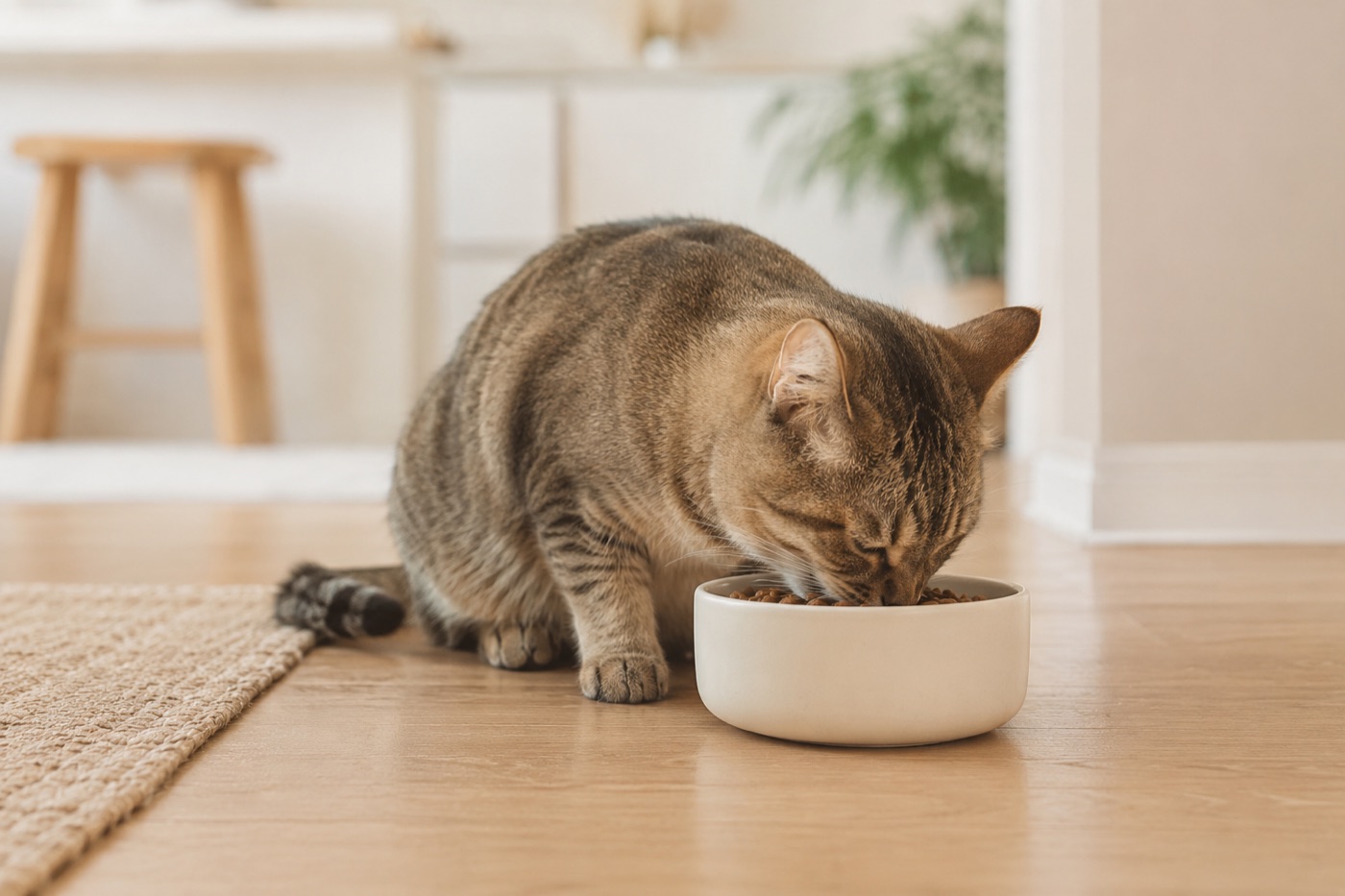 A tabby cat calmly eating kibble from a bowl in a bright, relaxed kitchen.