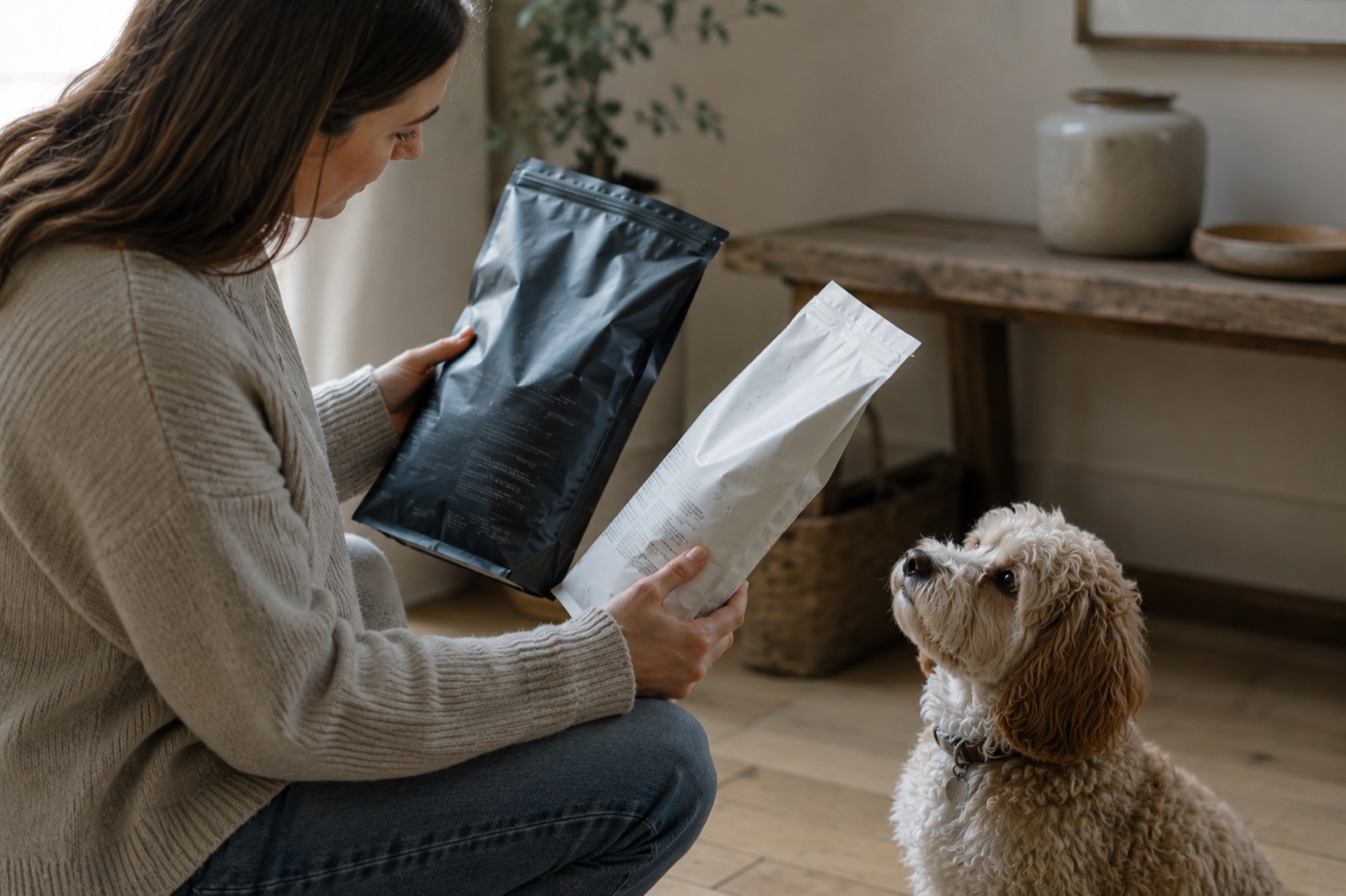 A person kneeling on the floor comparing two pet food bags side by side while a curly-coated dog looks up at them.