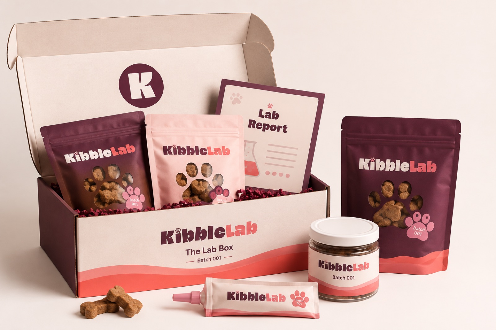 An opened Lab Box with four treats and the report card