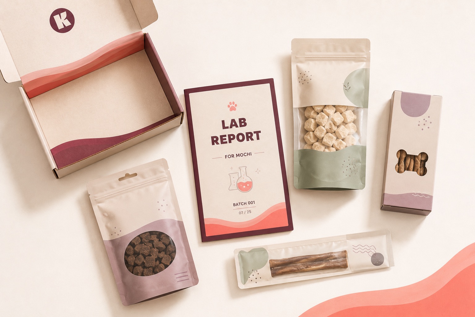 The Lab Box laid out: mailer, treat pouches, and the printed report card