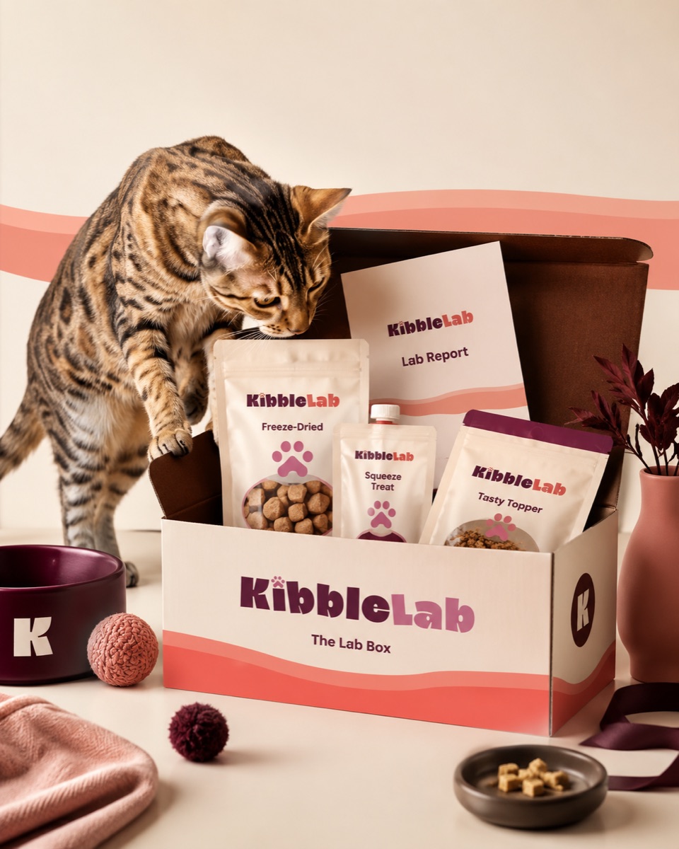 A cat with an opened Lab Box and its report card