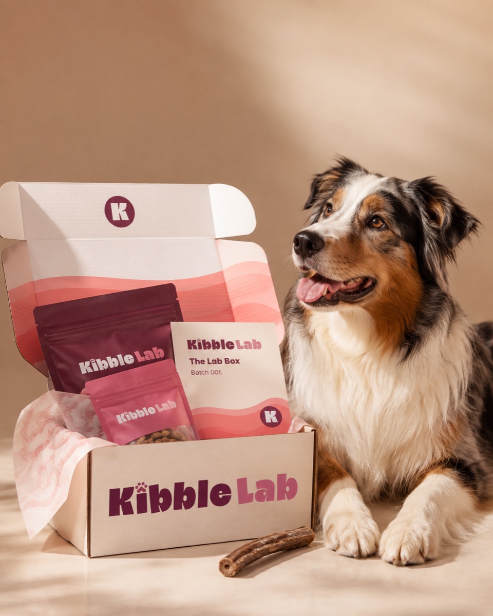 A dog beside an opened Lab Box and its report card