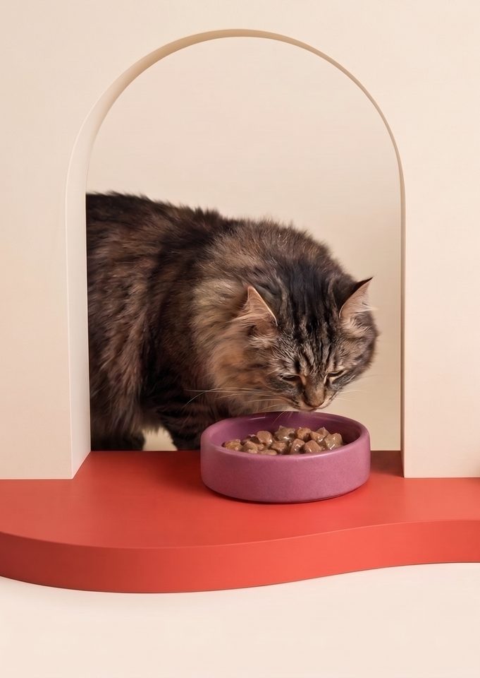A cat eating kibble from a bowl