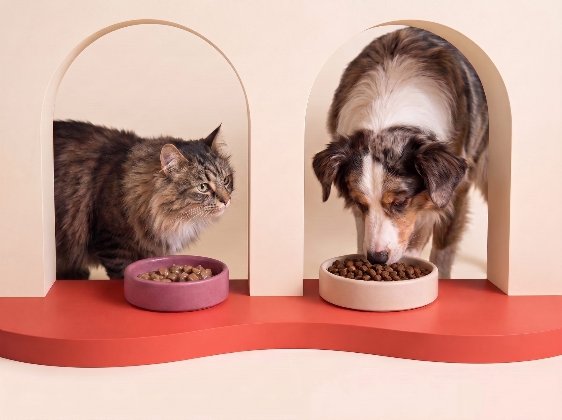 A close-up of a dog eating kibble while a cat looks on, each in its own arched wall nook